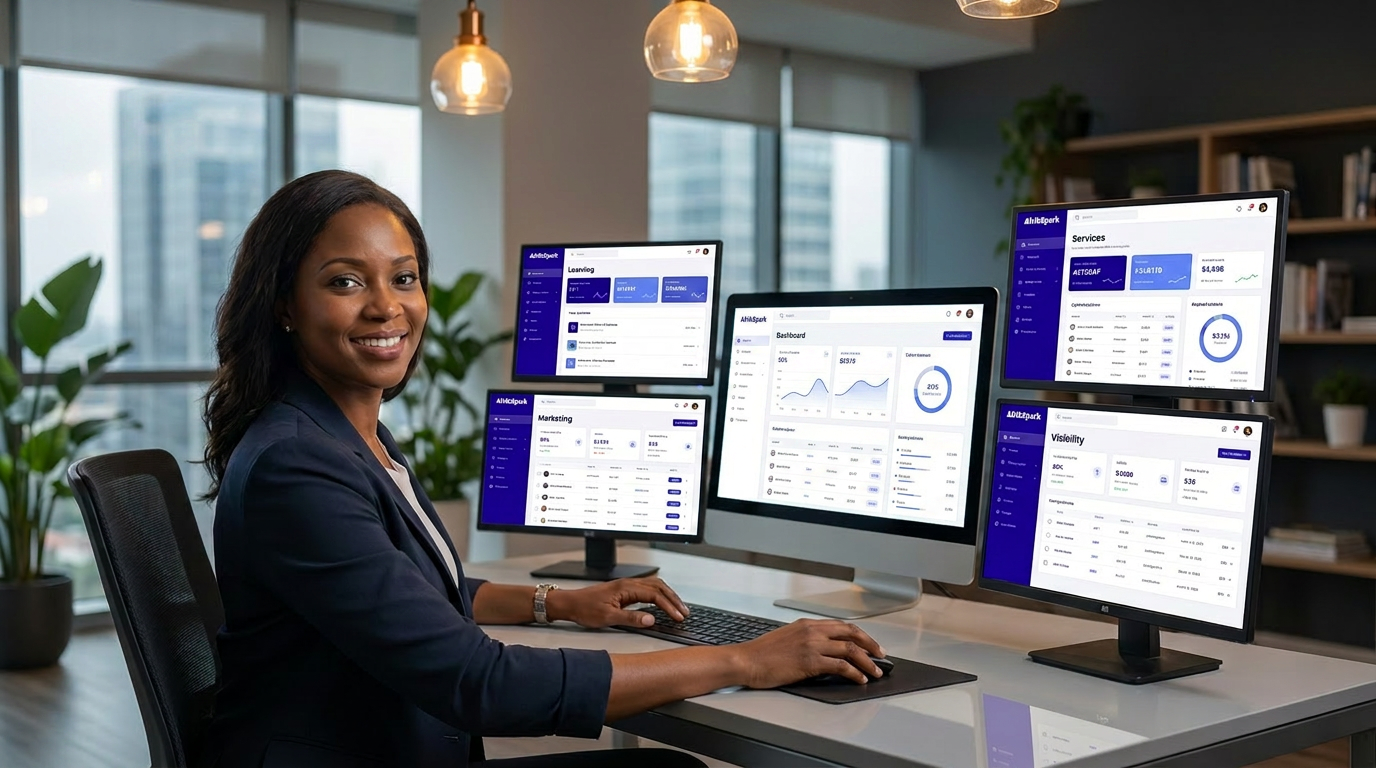 Modern service delivery scene showing website, branding, content, and marketing work across devices