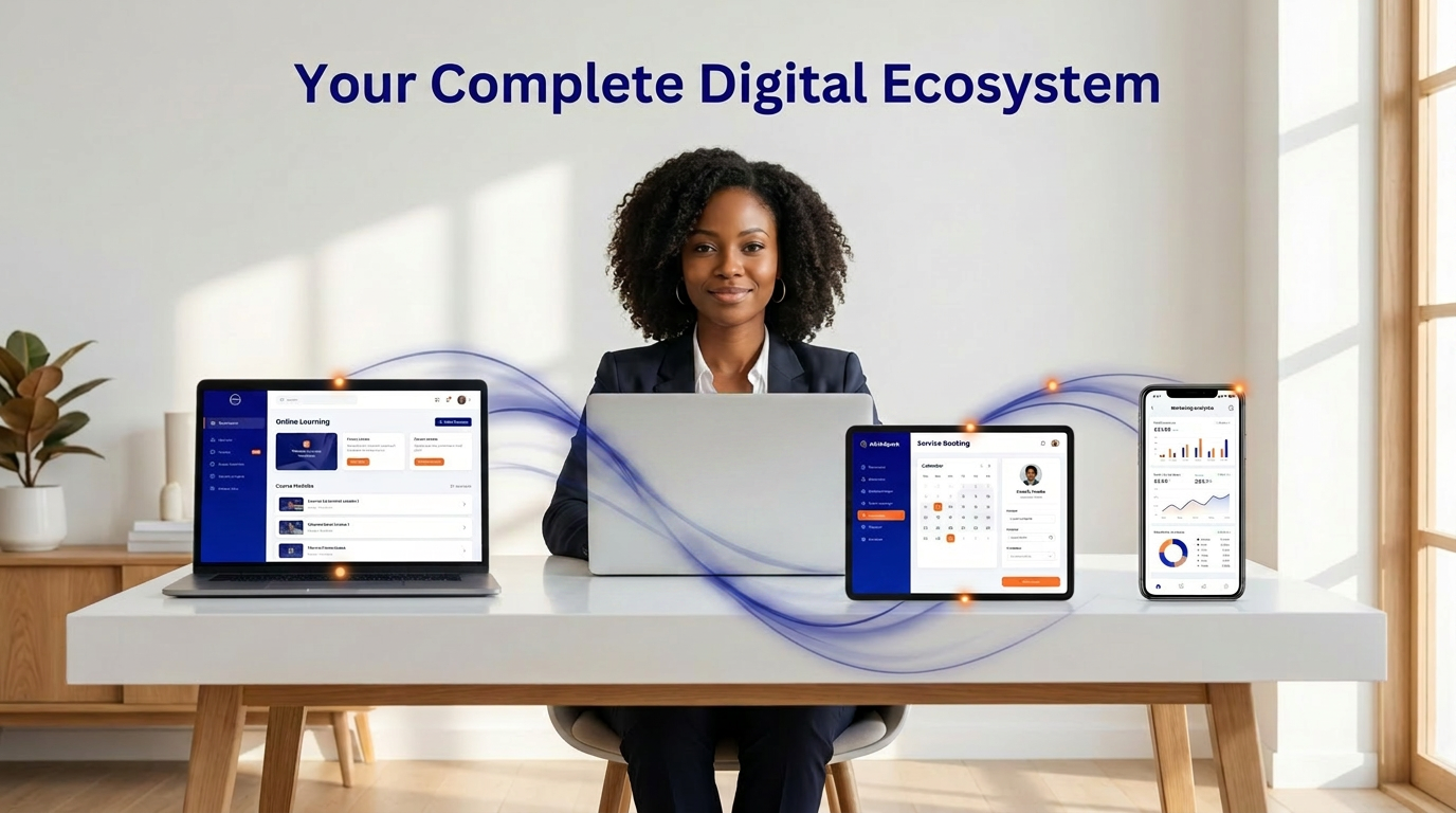 Entrepreneur using connected AfrikSpark-style platforms across learning, services, marketing, and visibility